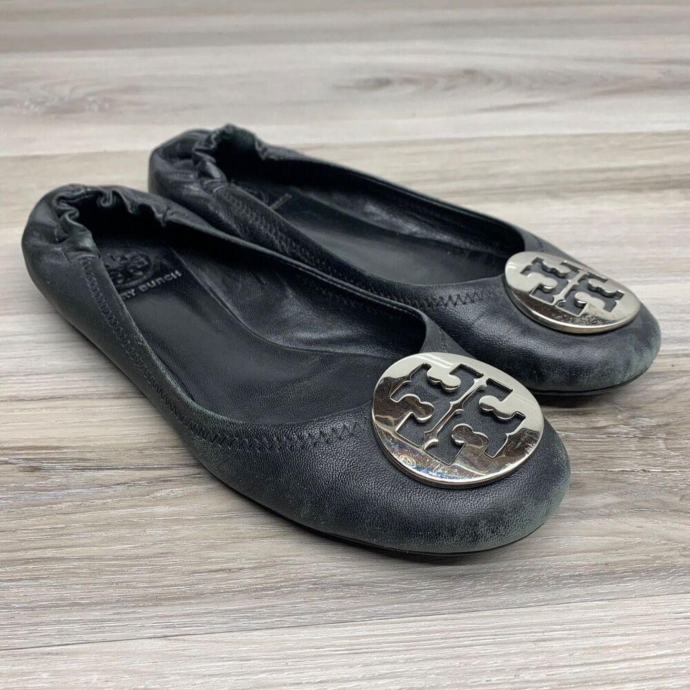 Tory Burch Women’s Size 6.5 M Black Leather‎ Silver Logo Reva Ballet Flats